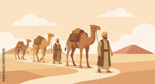 Merchants Arriving
Bible story
Flat vector traders with camels approaching on a stylized desert path, clean geometric shapes and consistent color palette