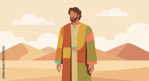 Joseph in His Multicolored Coat
Bible story
Joseph standing in a flat vector desert landscape, stylized hills and soft geometric clouds behind him, his multicolored coat 