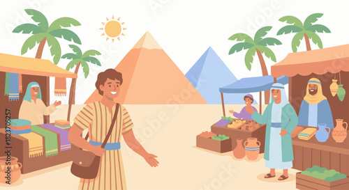 Joseph Arriving in Egypt
Bible story
Joseph smiling as he arrives in a colorful flat-vector Egyptian marketplace, rounded palm trees,