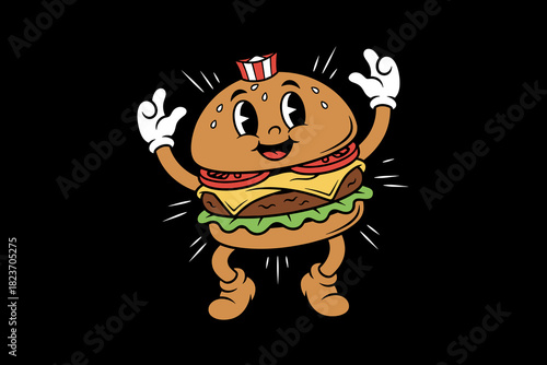 Retro Cartoon Burger Character Dancing with Joy.