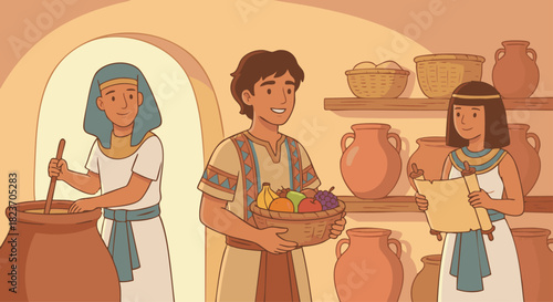Joseph Working in Potiphar’s House
Bible story
Joseph helping with tasks in Potiphar’s home, friendly characters with gentle expressions, flat vector pottery and baskets,