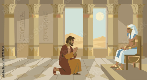 Judah Pleads Before Joseph
Bible story
Judah kneeling before Joseph in a minimalist Egyptian hall, tall columns rendered in simple flat shapes