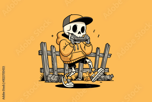 Skeleton playing harmonica wearing hoodie and cap.