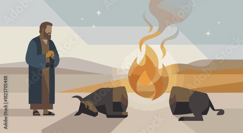 God’s Presence Passing Through
Bible story
A glowing flat-vector flame or smoking firepot moving between the pieces, abstract divine presence rendered as smooth glowing shapes,