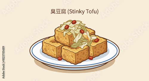 Stinky Tofu (臭豆腐) – Fried

A flat vector image of crispy fried stinky tofu cubes topped with pickled cabbage and chili. Clean outlines, warm browns, minimal shadows.