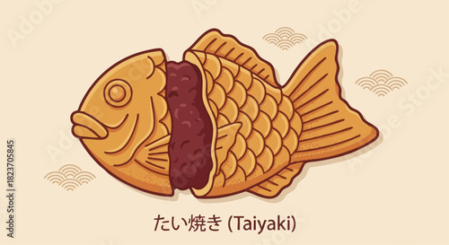 Taiyaki (たい焼き)

A flat vector illustration of a golden fish-shaped taiyaki filled with red bean paste.