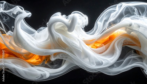 Abstract, swirling, white smoke with an underlay of vibrant orange against a dark background