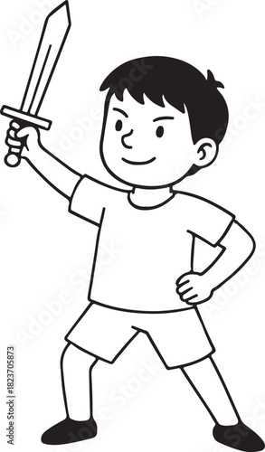 Young boy in heroic pose pretending to hold a sword ready for adventure