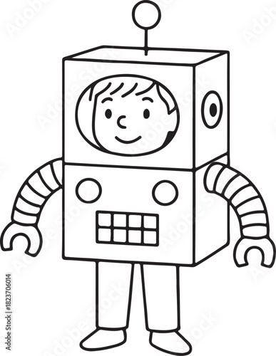 Young boy enthusiastically dressed in a homemade cardboard robot costume for a party