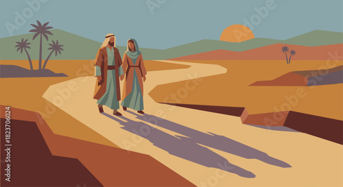 Isaac & Rebekah Walking Together

A serene flat-vector scene of Isaac and Rebekah walking side by side across a stylized desert path