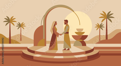 Marriage Ceremony Scene

Isaac and Rebekah standing together in a symbolic, minimal ceremony setting, geometric silhouettes