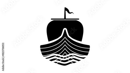 old wooden ship, front view,black isolated silhouette