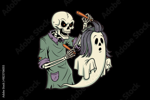 Skeleton Hairdresser Styling Ghosts Hair with Scissors.