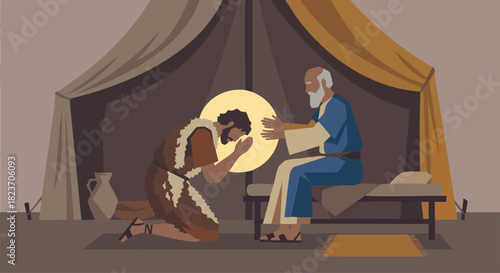 Isaac Blesses Jacob

Jacob kneeling before Isaac while wearing Esau’s garments, geometric flat silhouettes