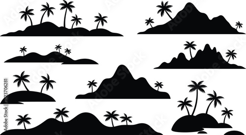 Tropical island silhouettes, palm tree icons, beach vector shapes, mountain clipart, exotic nature design, travel illustration, black graphic elements, paradise