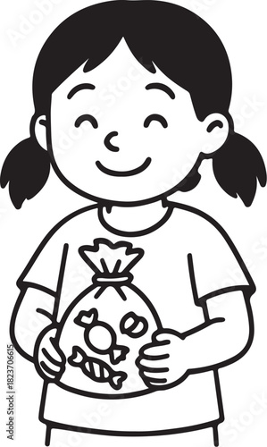 Charming illustration of a happy girl holding a colorful candy bag full of treats