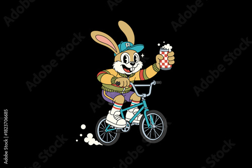 Cartoon Rabbit Riding a Bicycle and Holding a Drink.