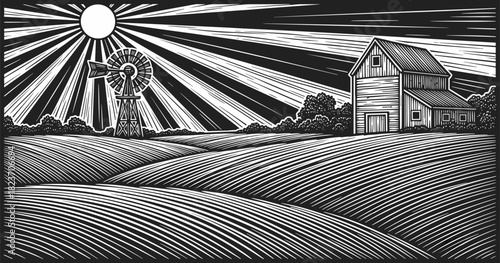 Vintage engraving farm scene with bright sun and windmill. Strong lines create dramatic classic mood. Deep textures form bold expressive landscape