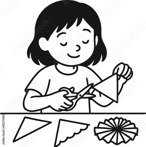 Young girl happily creating colorful handmade paper decorations for a festive occasion