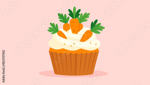 Illustration of a carrot cupcake with cream cheese frosting and carrot decorations.
