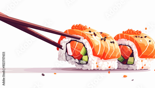 Sushi rolls with salmon and avocado, held by chopsticks, on white background.