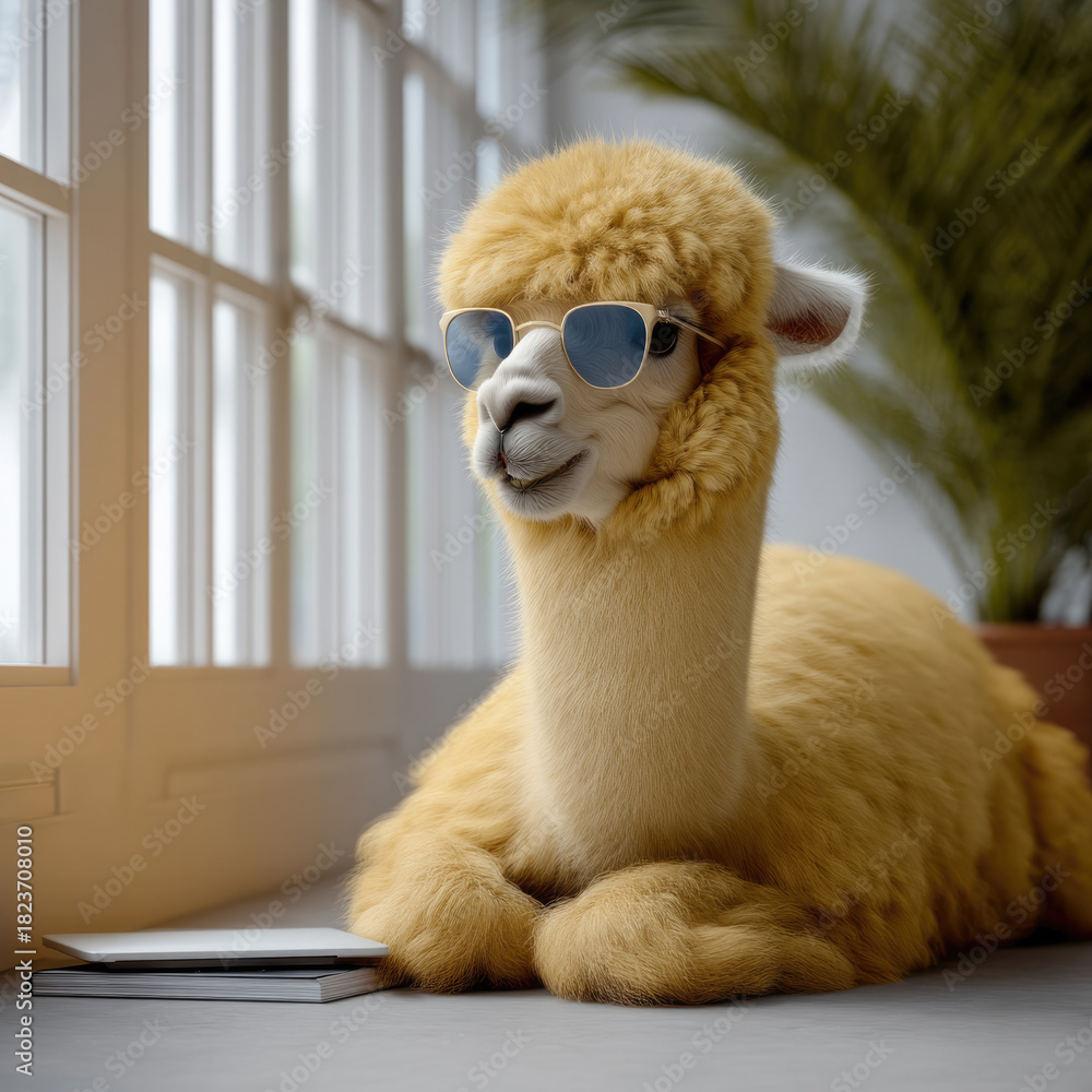 Obraz premium Bright yellow alpaca with sunglasses lounges indoors by window, notebook nearby, cheerful and modern atmosphere