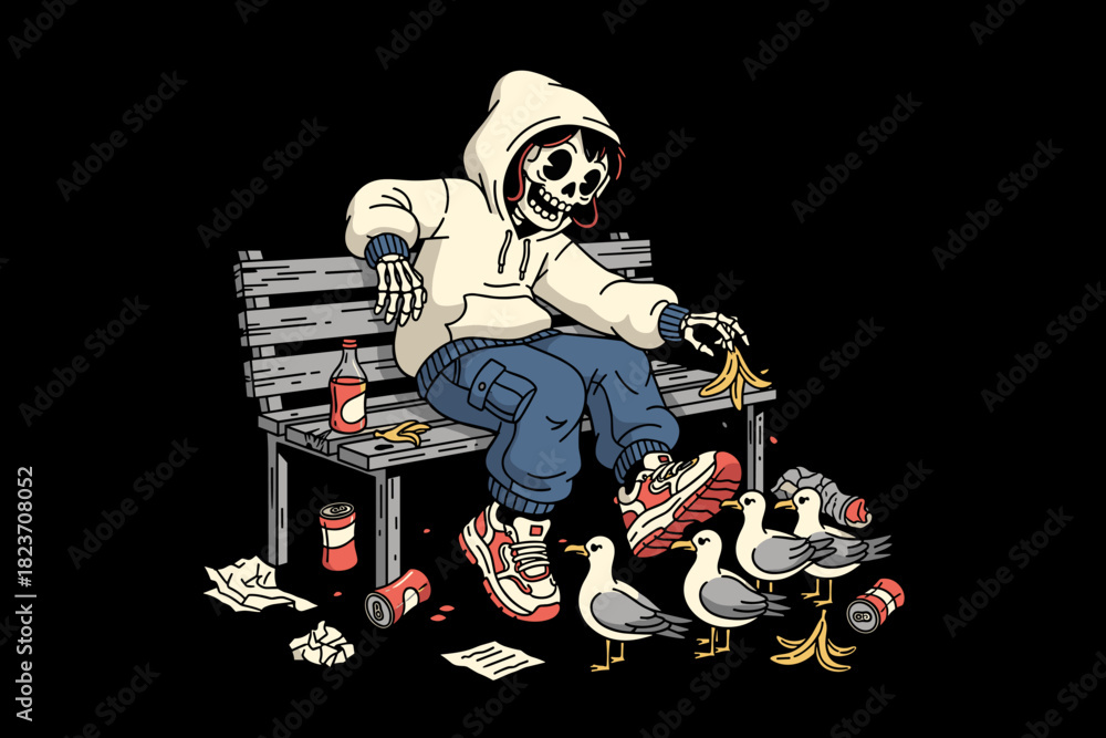 Fototapeta premium Skeleton in Hoodie Sitting on Bench Feeding Seagulls.
