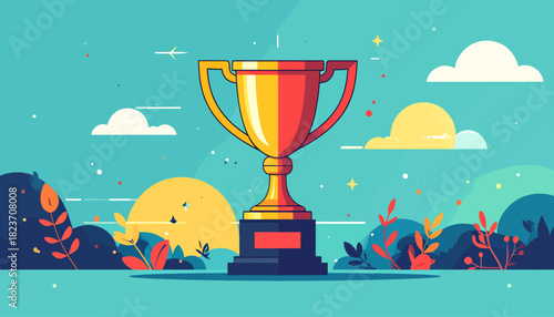 Illustration of a golden trophy against a landscape backdrop with clouds and foliage.