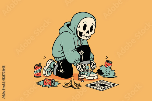 Skeleton tying shoelaces with surrounding objects.