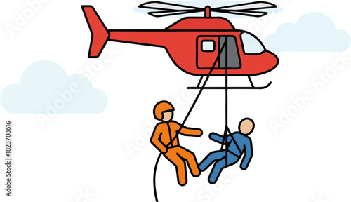 Helicopter Rescue Mission Vector Illustration – Flat Style Emergency Airlift, Rescuers Hoisting Survivor