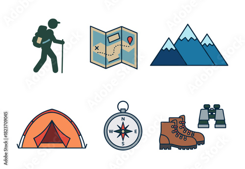 Hiking and camping icons set for outdoor adventure