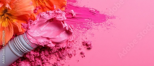 Pink lipstick and crushed eyeshadow create a vibrant, textured background, complemented by orange flowers. Horizontal banner with copy space for text, poster, free space