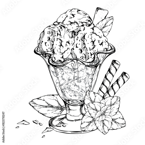 Sorbet gelato and waffle sticks combo, mint leaves and cocoa melted syrup sprinkle in sundae glass bowl. graphic illustration hand drawn in vector ink. Dessert branding, snack art, artisan cafe print