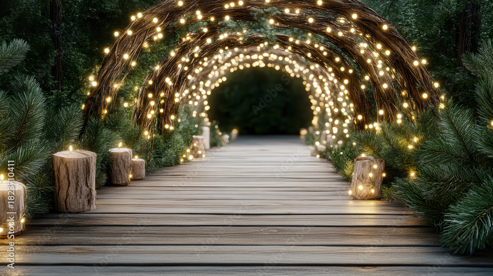 Fototapeta premium Enchanted forest pathway with glowing string lights and wooden boardwalk, cozy atmosphere
