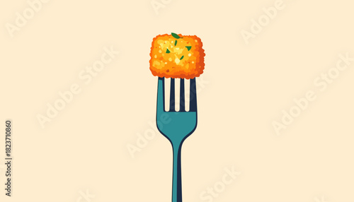 Illustration of a golden-brown, square hash brown on a blue fork against a beige background.