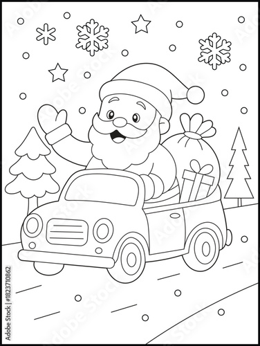 Jolly Santa Claus Delivering Gifts. Kids' Christmas Coloring Page. Happy Santa in a Car with Gifts Activity Sheet for Children.