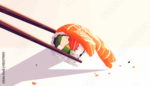 Illustration of a piece of sushi being picked up with chopsticks.
