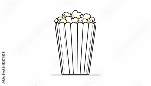 Illustration of a striped popcorn bucket filled with popcorn on a white background.