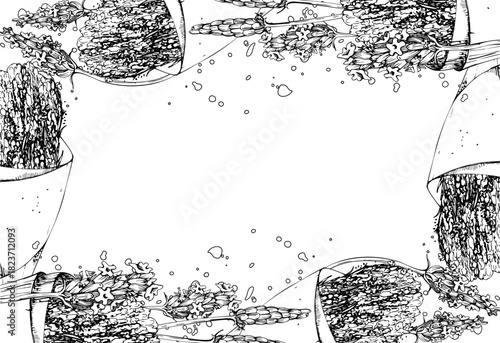 Rustic craft paper cone of lavender lavandula bouquet, paint splatter stains. Isolated border frame illustration hand drawn in vector ink. Fabric, DIY packaging, garden gift wrap, planner printables