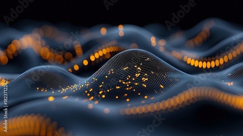 An abstract digital representation of data or energy flow, featuring undulating, mesh-like surfaces in shades of blue and grey, illuminated by scattered golden-