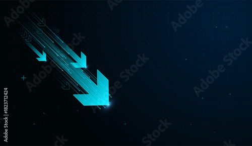 A modern digital interface with Falling neon arrows with Arrow abstract direction smooth blend blue glow abstract background pattern