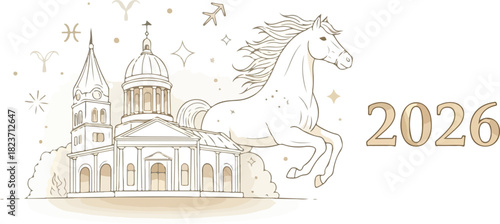 A line art design features a horse building zodiac signs stars and the year 2026