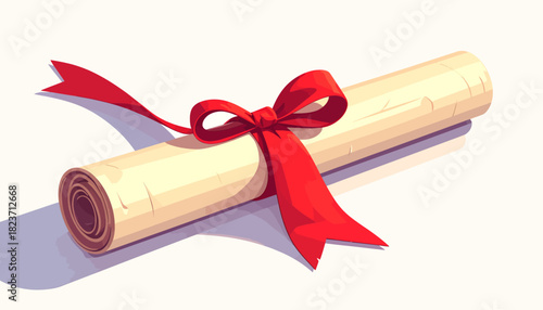 Illustration of a rolled diploma tied with a red ribbon on a white background.