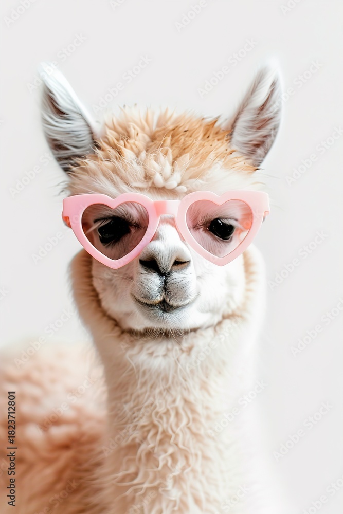 Obraz premium This cute llama poses with heart-shaped sunglasses, exuding charm and playfulness. The bright white background highlights its fluffy fur and cheerful expression, perfect for any fun project