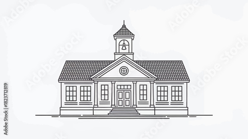 Line art illustration of a school building classic architectural design with bell tower vector graphic for educational materials