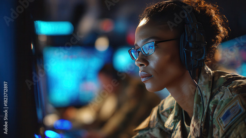 Woman in military uniform monitors data with focus in a command center during a training exercise in the evening