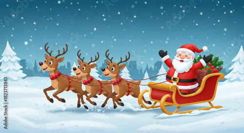 Santa Claus Riding in Sleigh with Reindeer Team in Winter Landscape.