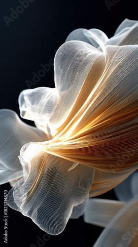 An abstract, ethereal form resembling flowing fabric or smoke, illuminated by warm golden light against a dark background. The texture is delicate and layered.