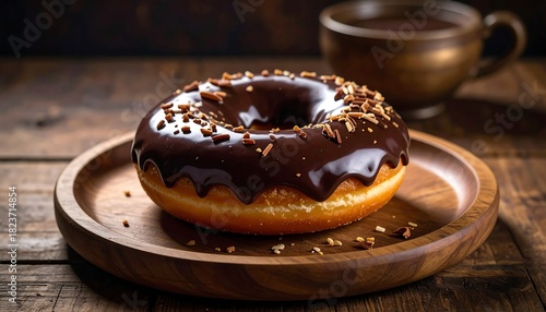 Close-up of a donut with chocolate glaze and nuts on a wooden plate next to a cup on a wooden table