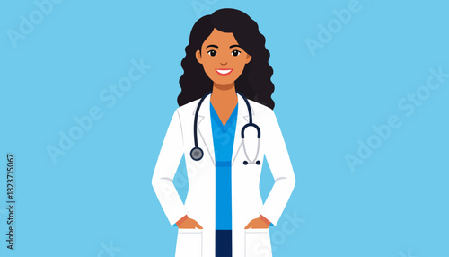 Illustration of a female doctor in a white coat with a stethoscope around her neck.